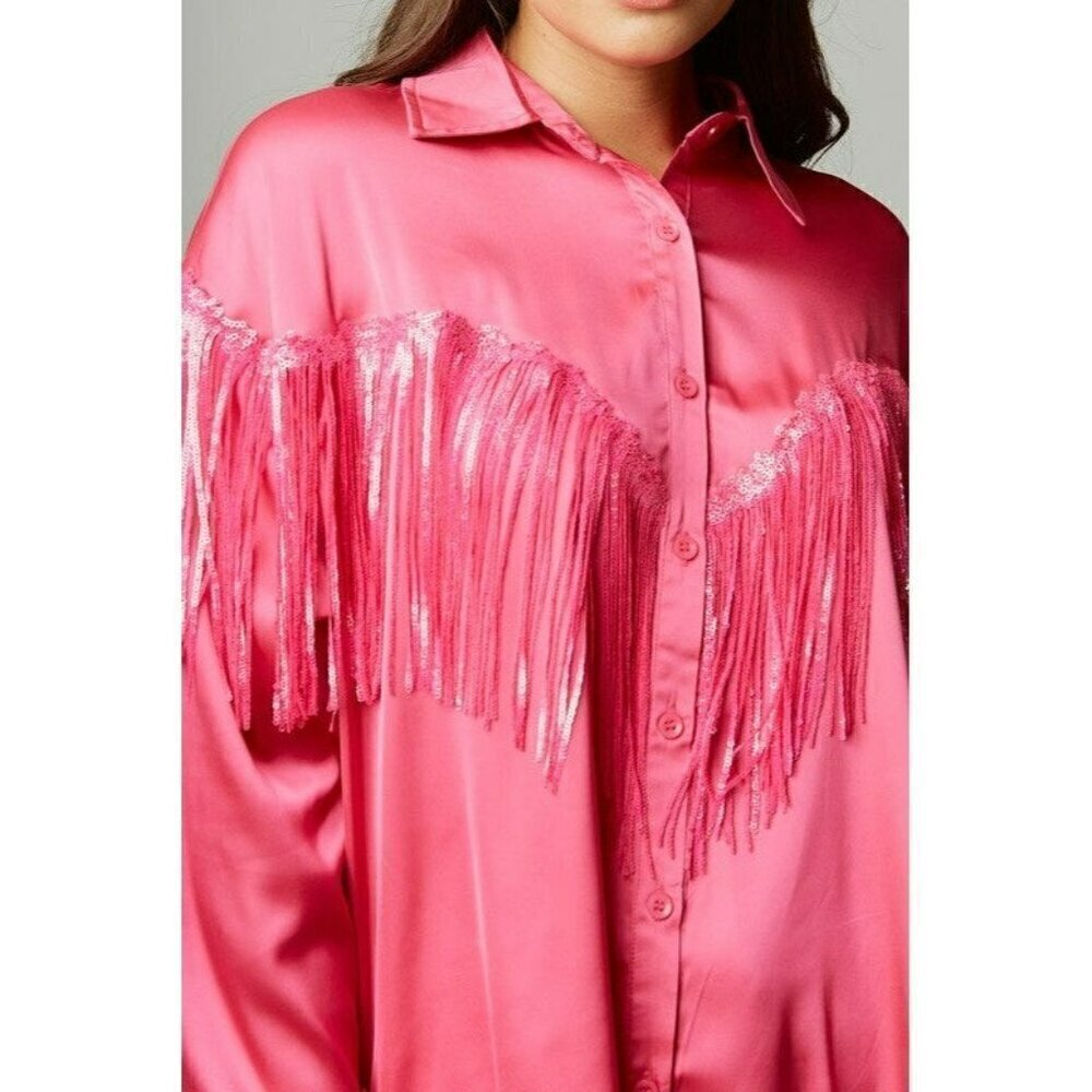Flirty And Fringe Satin Shirt in Hot Pink - Picture 6 of 7